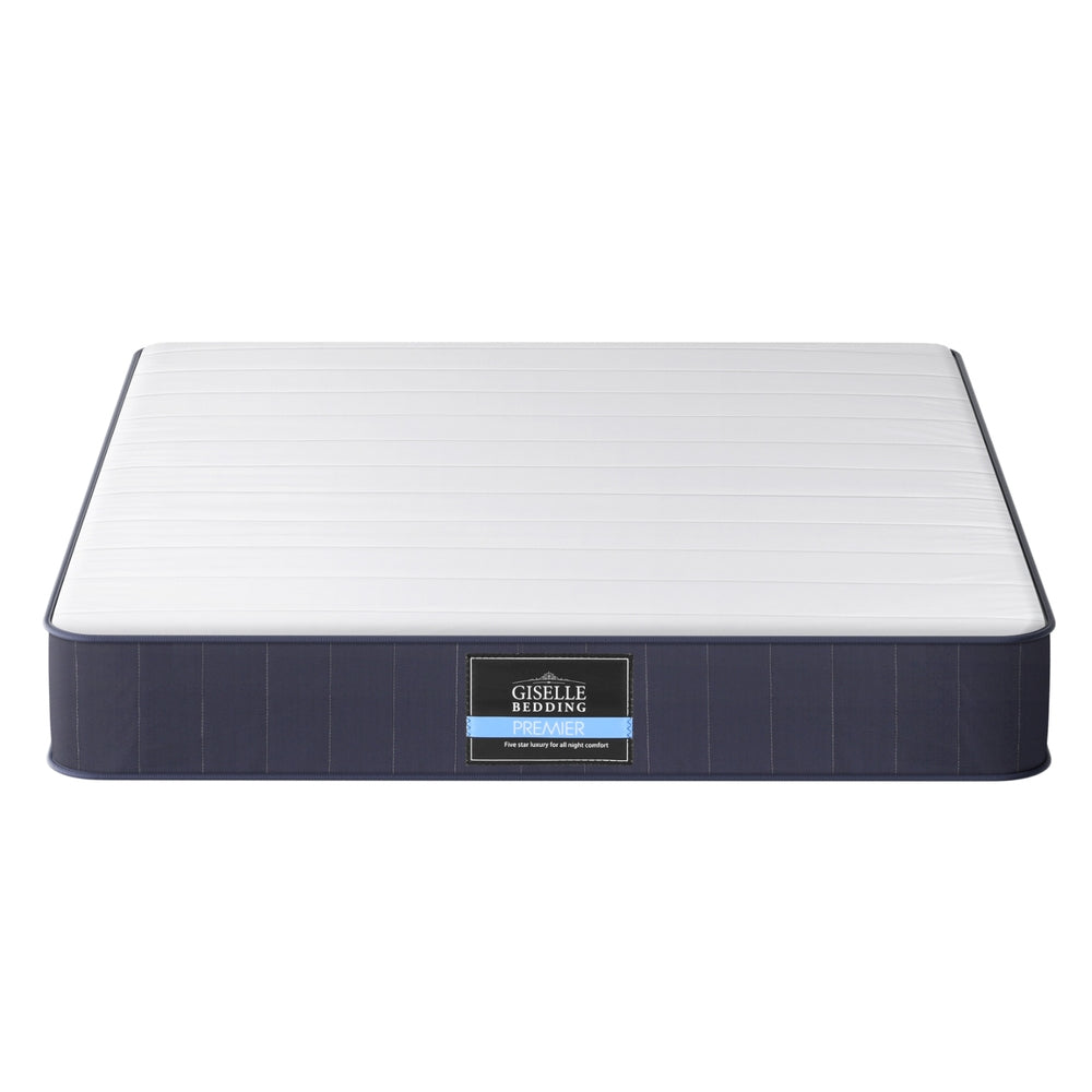20cm Mattress Queen Bed Pocket Spring Mattresses with white top, navy blue side panels, and Giselle Bedding label