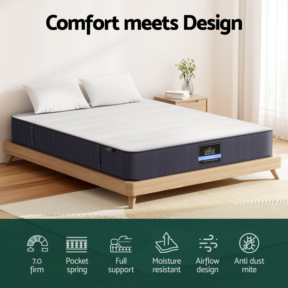 20cm Mattress Queen Bed Pocket Spring Mattresses with breathable fabric, pocket springs, and moisture-resistant design on wooden bed frame