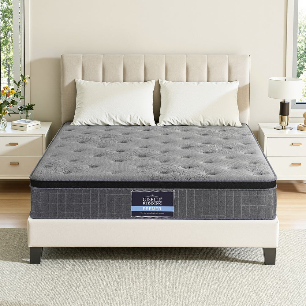 26cm Mattress Double Latex Foam Mattresses with gray quilted top on beige upholstered bed frame in bedroom setting