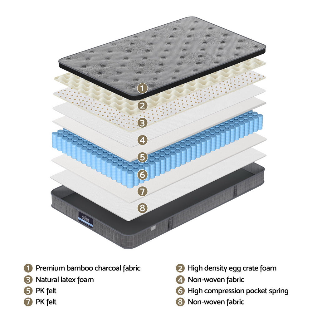 Layered view of 26cm Mattress King Single Latex Foam Mattresses showing latex, foam, pocket springs, and bamboo charcoal fabric cover.