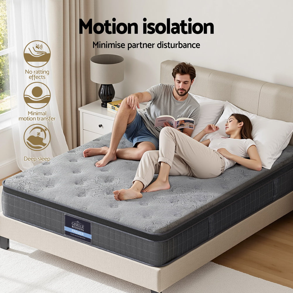 26cm Mattress Queen Latex Foam Mattresses with gray quilted cover, showing motion isolation and couple relaxing on bed