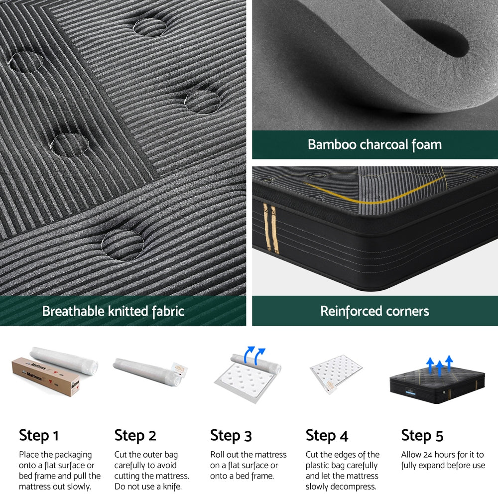 Midnight Series Bamboo Charcoal Euro Top Mattress 35cm Thick - Double with breathable fabric, bamboo charcoal foam, reinforced corners, and rollout steps.