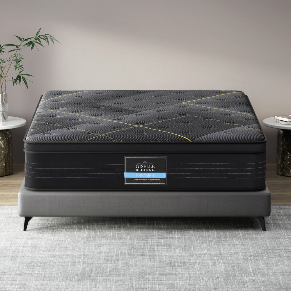 Midnight Series Bamboo Charcoal Euro Top Mattress 35cm Thick - Double on gray upholstered bed frame in bedroom setting