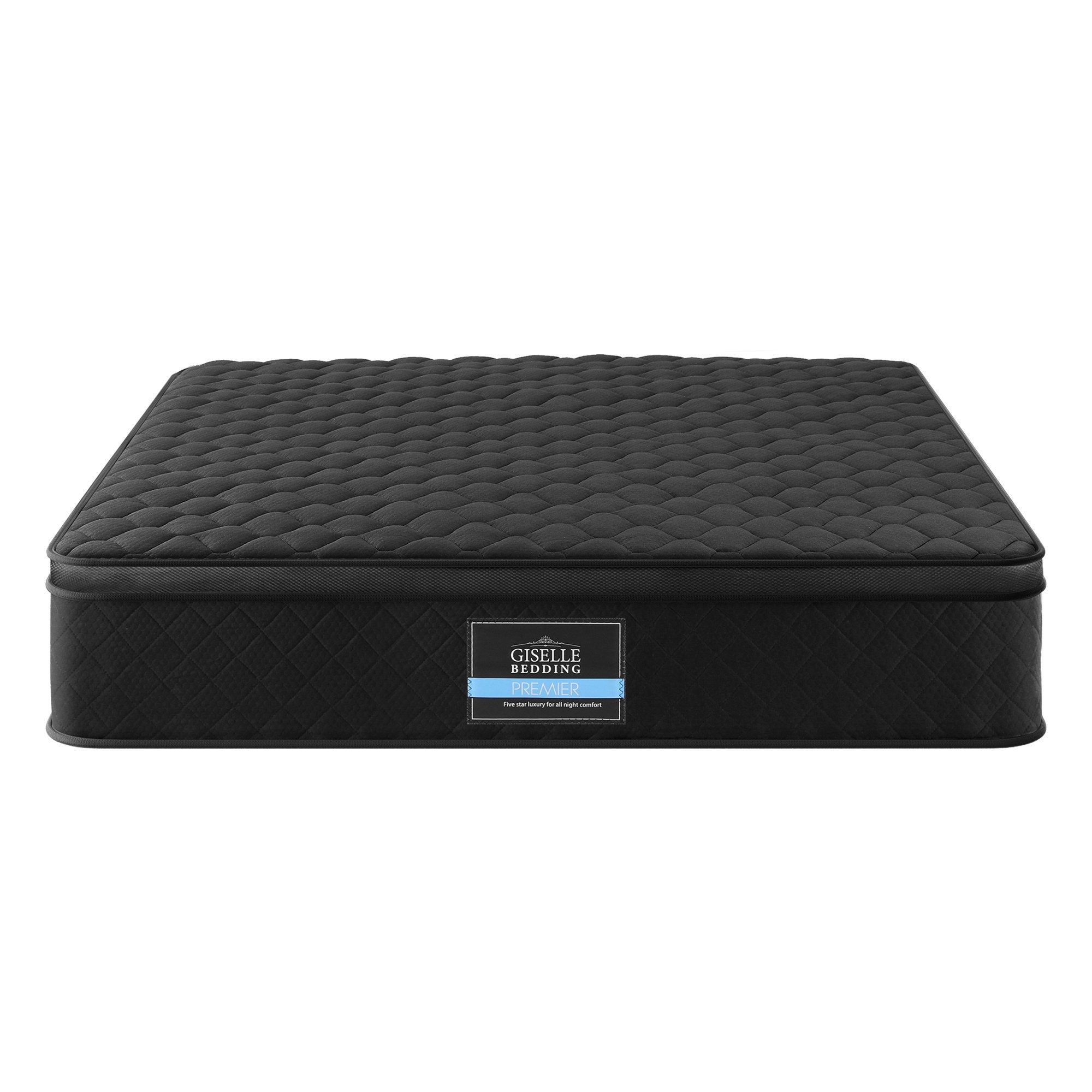 Mattress 34cm 5-Zone Pocket Spring Egg-crate Memory Foam Double in black with quilted top and side label on white background