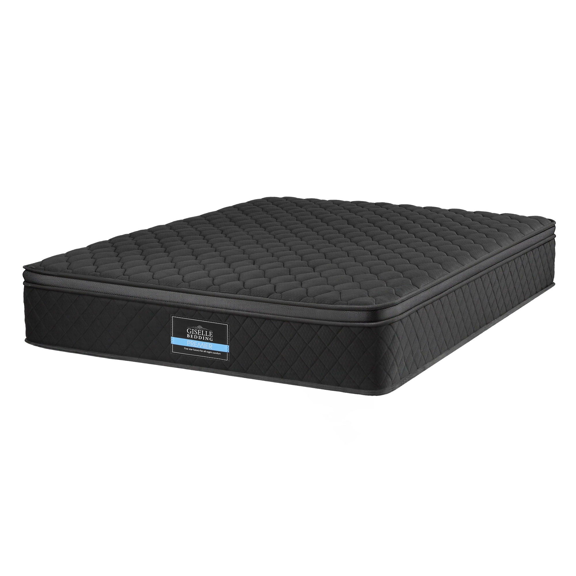 Mattress 34cm 5-Zone Pocket Spring Egg-crate Memory Foam Double with quilted top and black fabric cover on white background