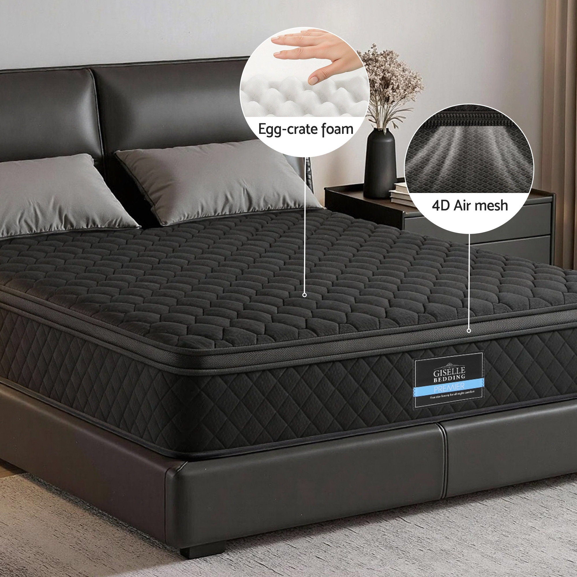 Mattress 34cm 5-Zone Pocket Spring Egg-crate Memory Foam Double with black quilted cover, showing egg-crate foam and 4D mesh features
