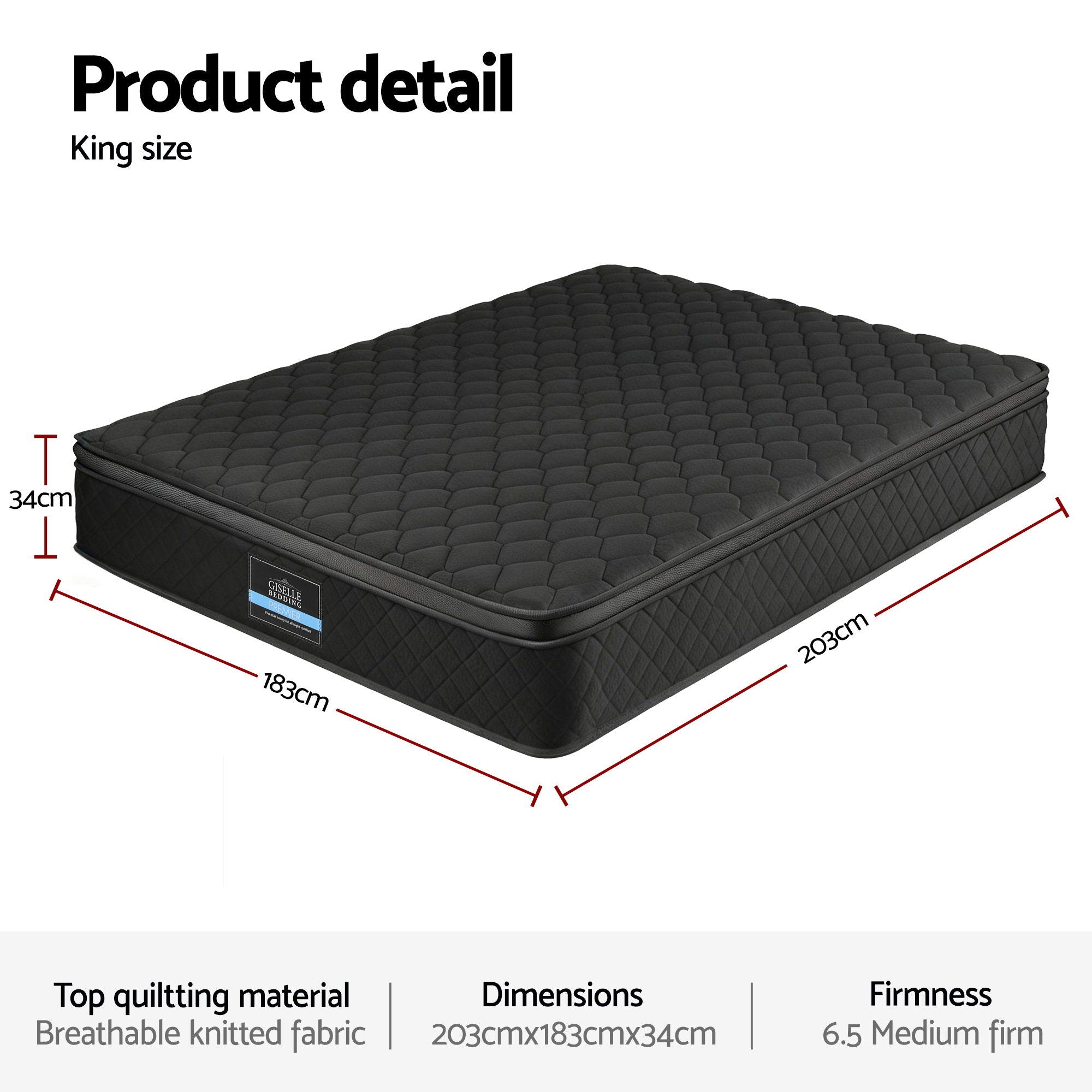Mattress 34cm 5-Zone Pocket Spring Egg-crate Memory Foam King in black with quilted breathable fabric, medium firm, king size.