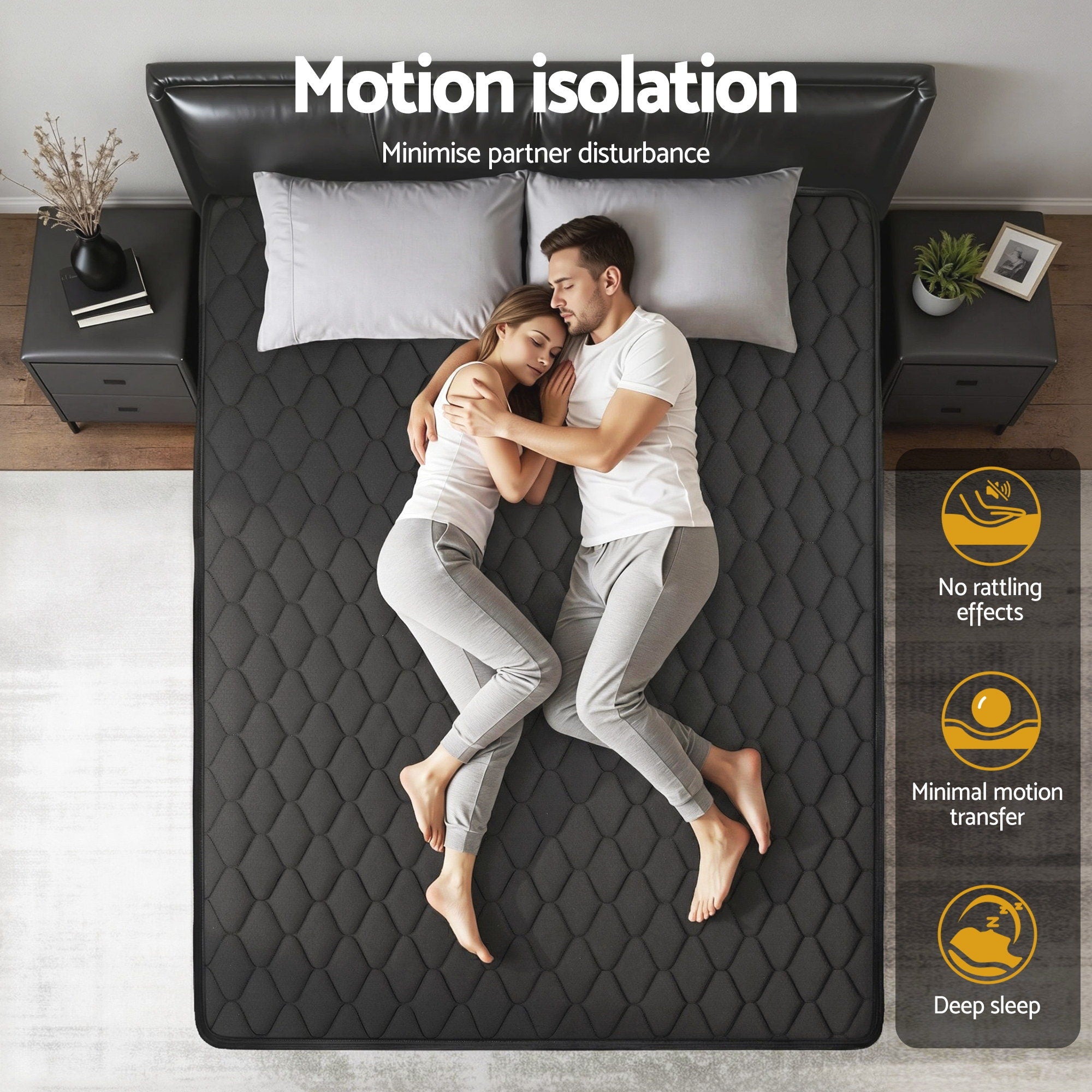 Couple lying on dark gray Mattress 34cm 5-Zone Pocket Spring Egg-crate Memory Foam King with motion isolation features shown
