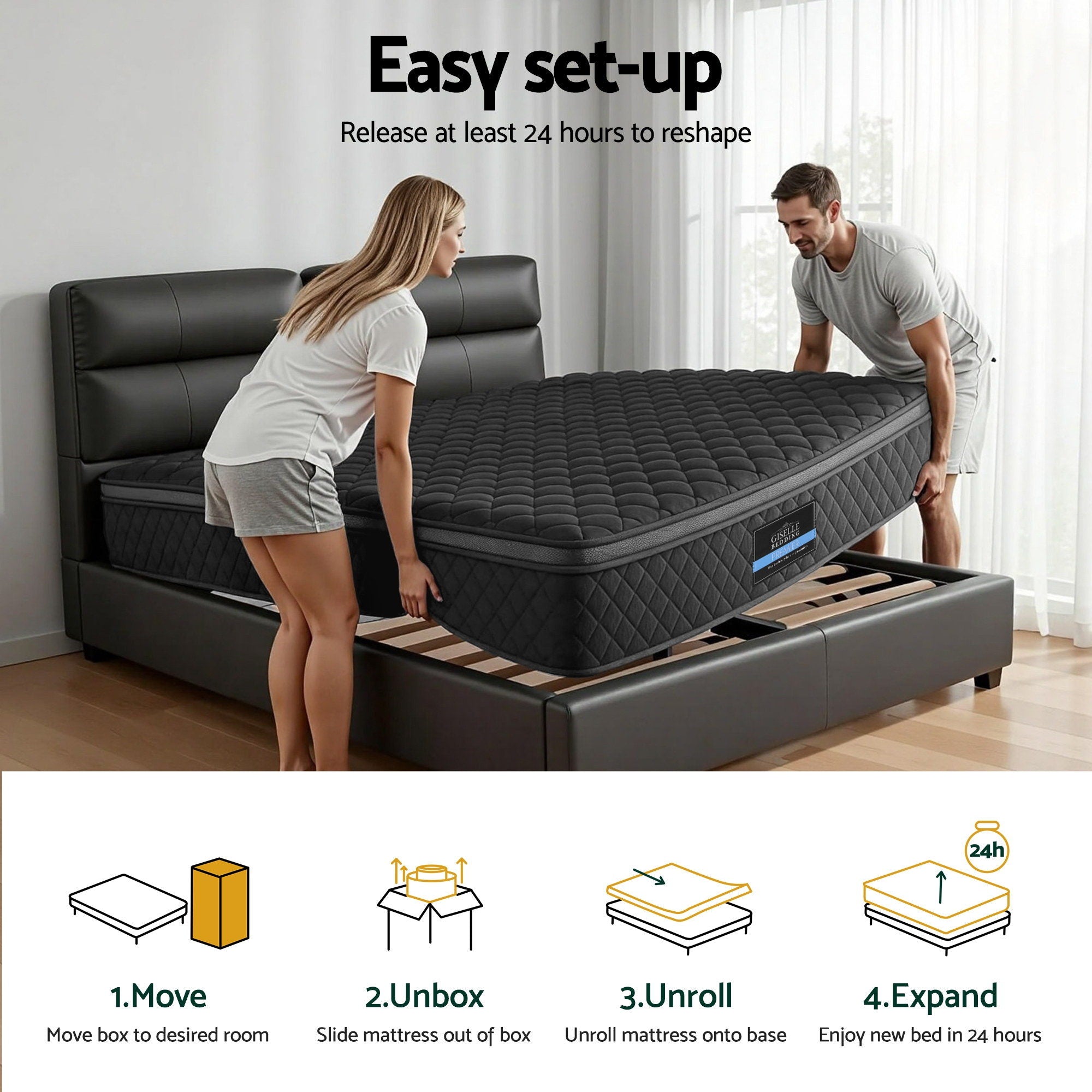 Couple setting up Mattress 34cm 5-Zone Pocket Spring Egg-crate Memory Foam Queen on modern upholstered bed frame with wood slats