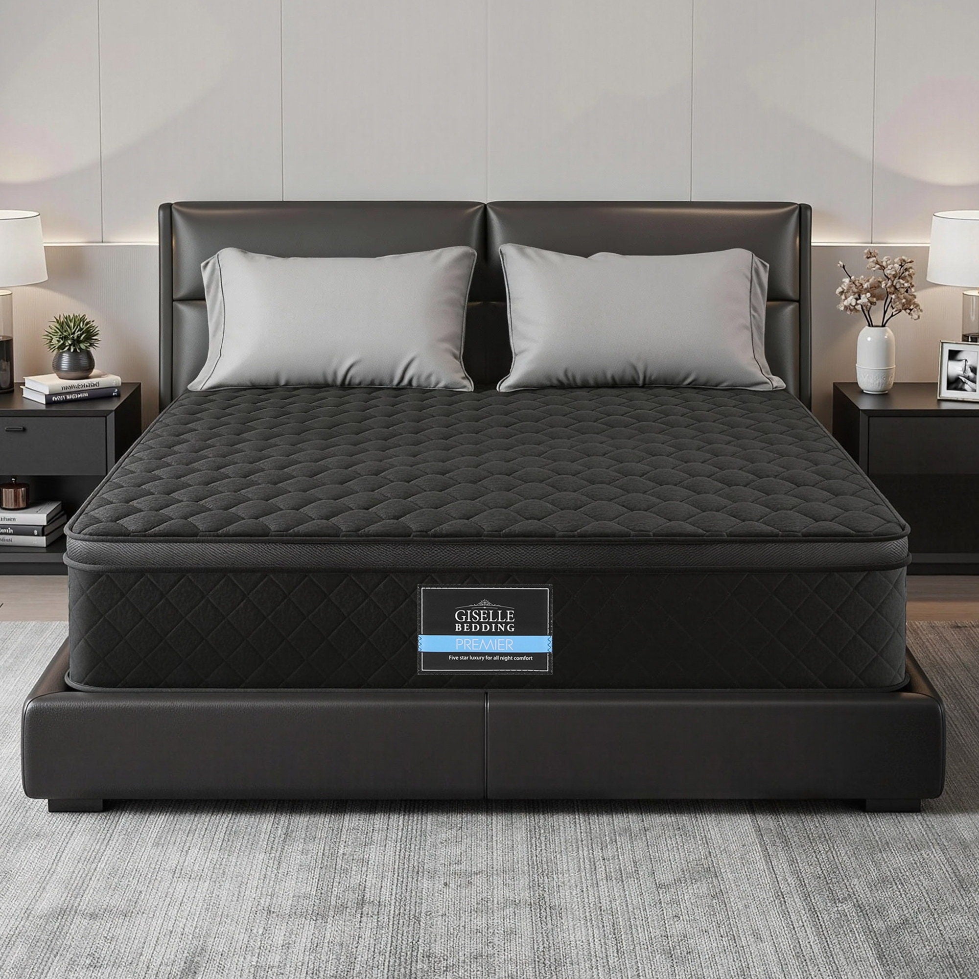 Mattress 34cm 5-Zone Pocket Spring Egg-crate Memory Foam Queen in black on modern bed frame with pillows in bedroom setting