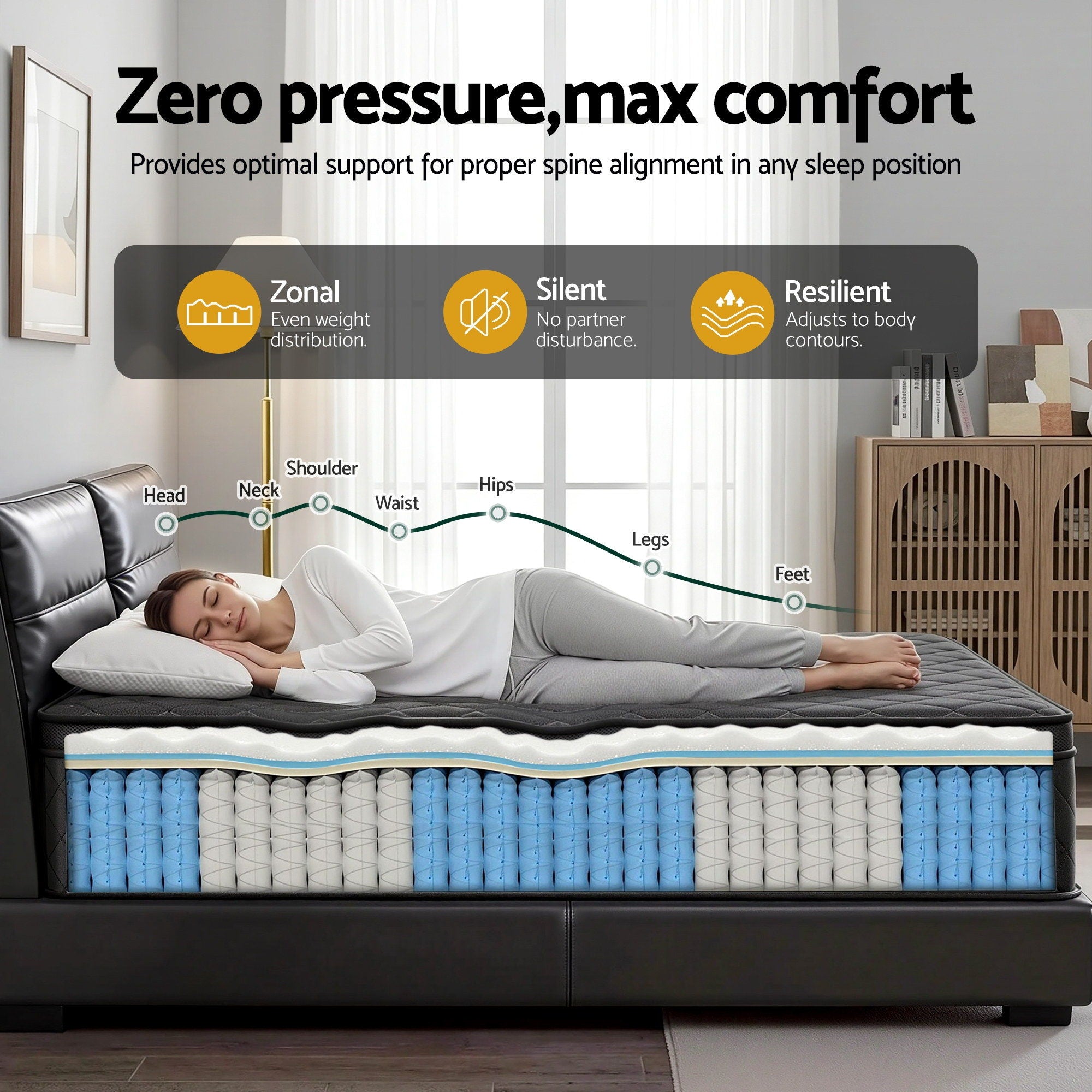 Mattress 34cm 5-Zone Pocket Spring Egg-crate Memory Foam Single showing zonal support, breathable layers, and comfortable sleep position