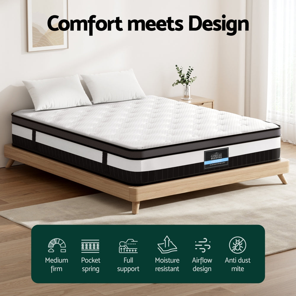 Breeze Euro Top pocket Spring Mattress 30cm Thick - Double on wooden bed frame with pillows in bright bedroom setting