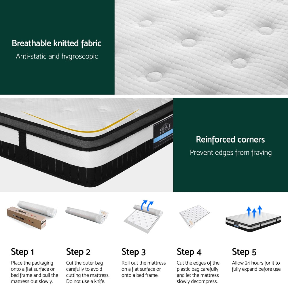 Breeze Euro Top pocket Spring Mattress 30cm Thick - Double with breathable fabric, reinforced corners, and roll-out packaging instructions