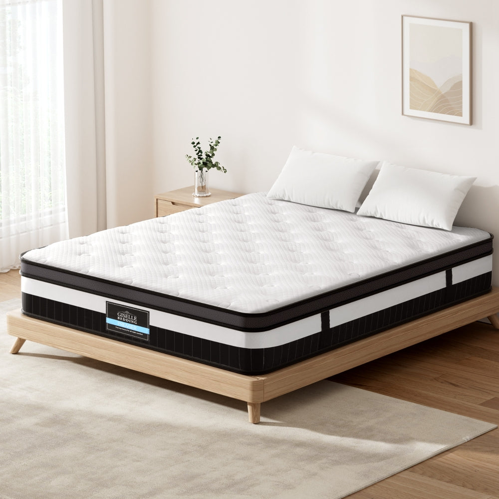 Breeze Euro Top pocket Spring Mattress 30cm Thick - Double on wooden bed frame in bright bedroom setting with pillows