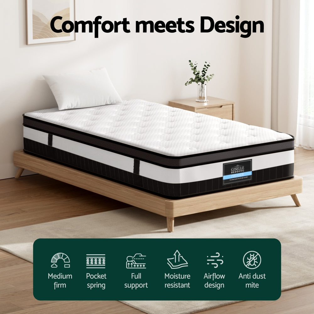 Breeze Euro Top pocket Spring Mattress 30cm Thick - King Single on wooden bed frame in modern bedroom setting