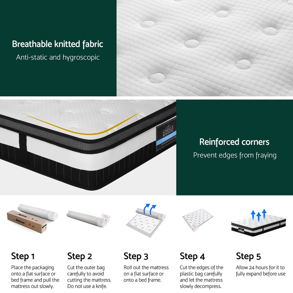 Breeze Euro Top pocket Spring Mattress 30cm Thick - King Single with breathable fabric and reinforced corners, shown with unpacking steps.