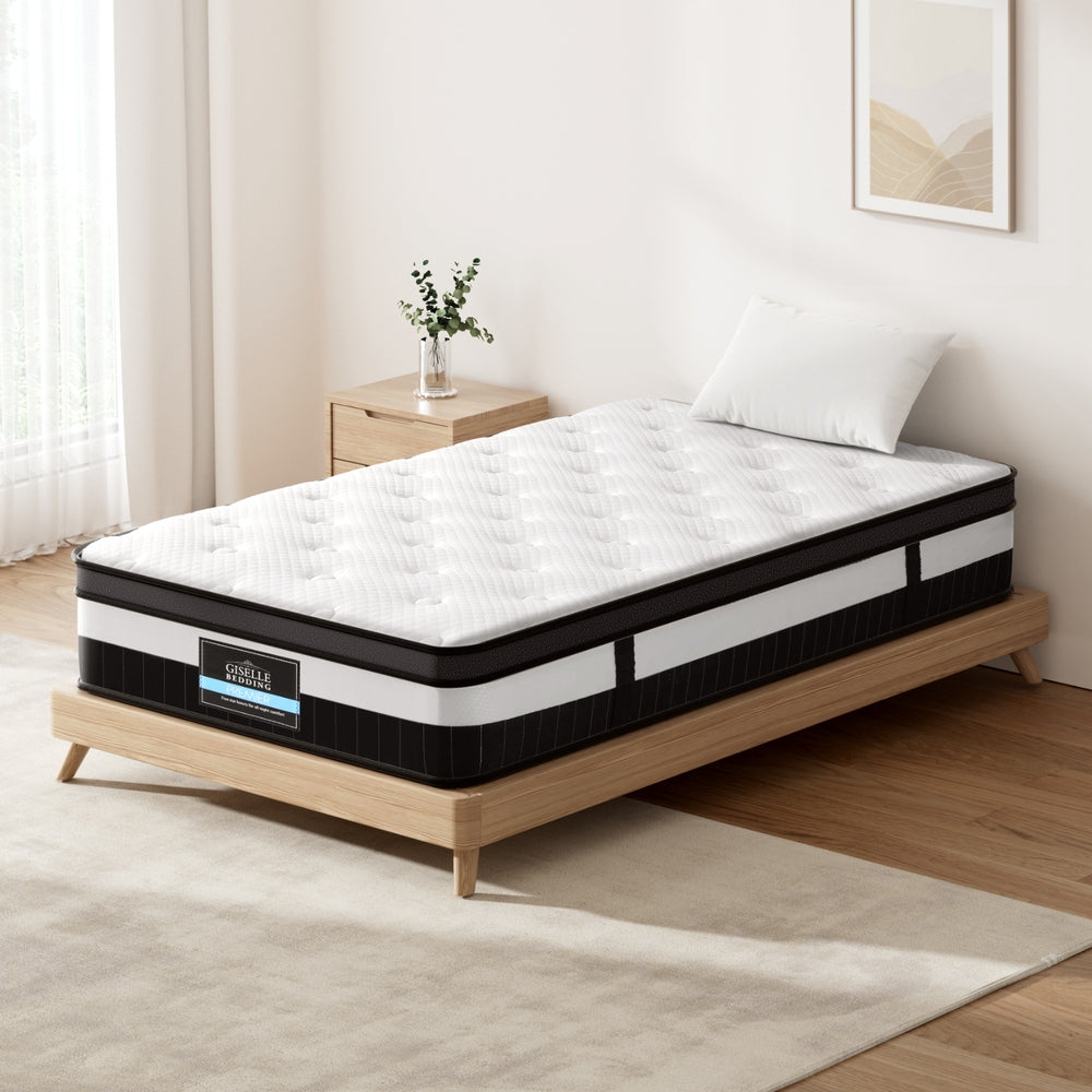 Breeze Euro Top pocket Spring Mattress 30cm Thick - King Single on wooden bed frame in minimalist bedroom setting