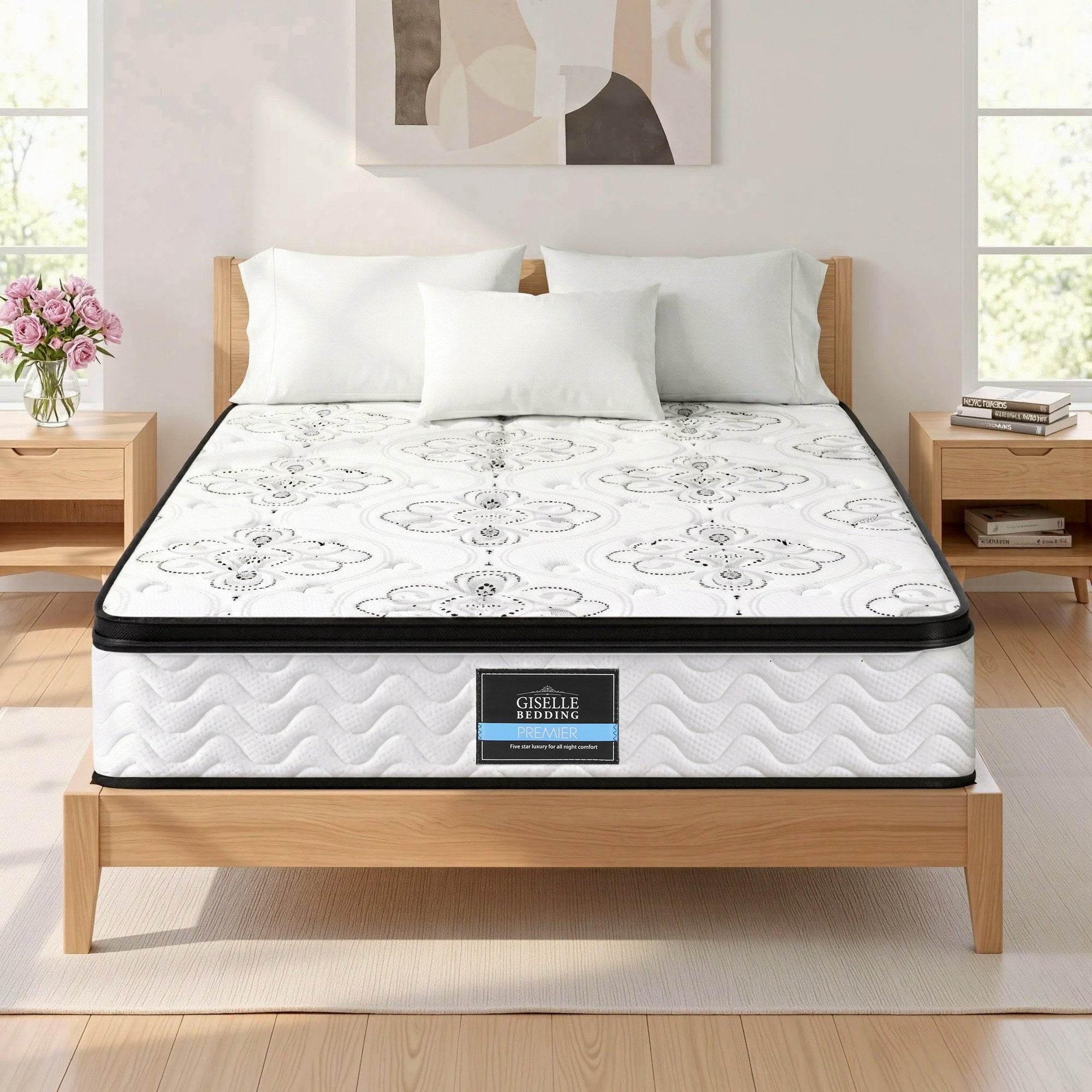 30cm Mattress Pocket Spring Medium Firm Foam Euro Top Double mattress on wooden bed frame in bright bedroom setting