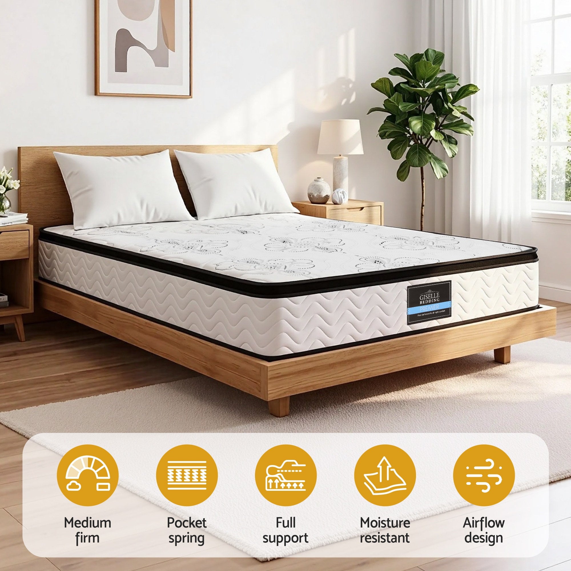 30cm Mattress Pocket Spring Medium Firm Foam Euro Top Double on wooden bed frame in bright bedroom with plant and lamp