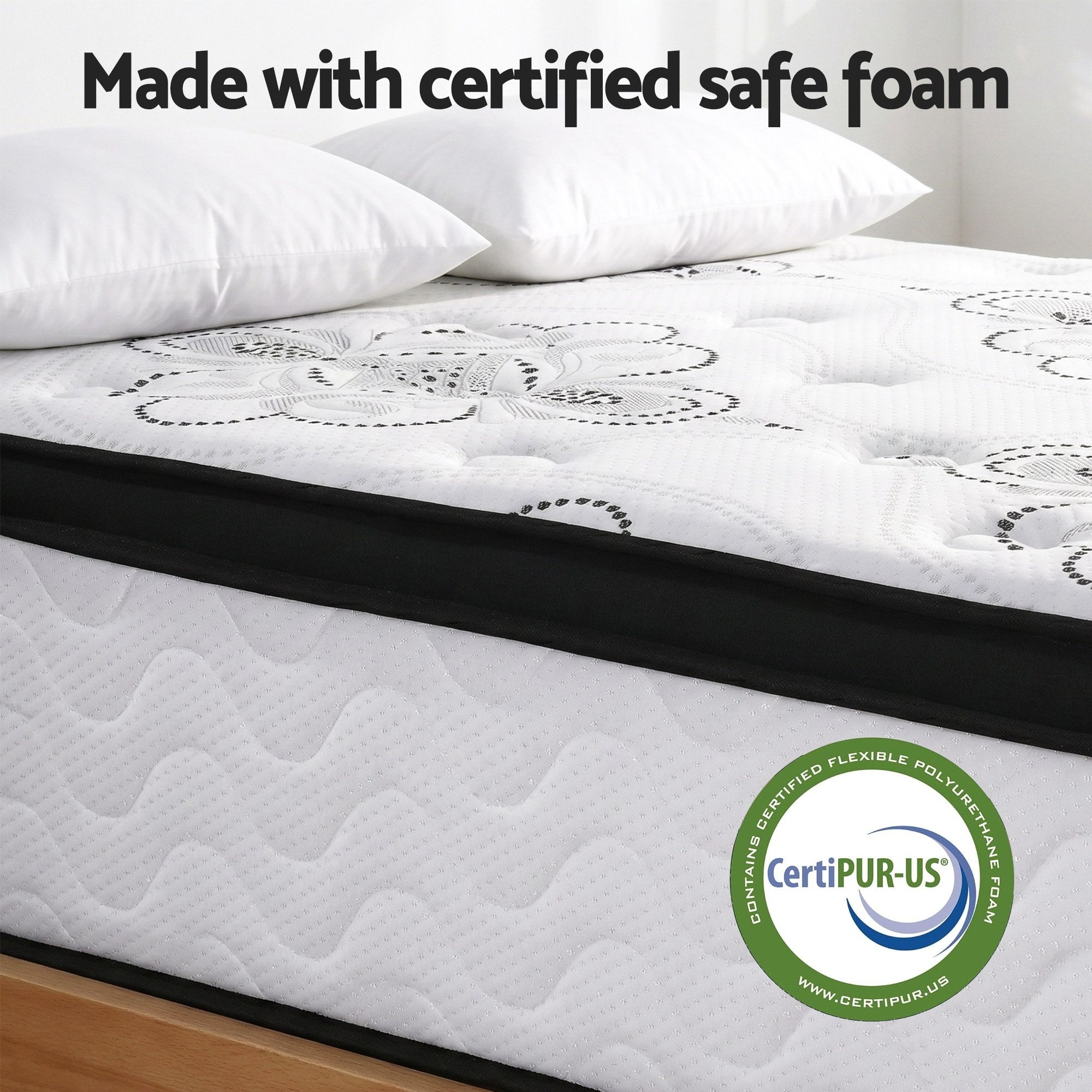 30cm Mattress Pocket Spring Medium Firm Foam Euro Top Double mattress with quilted floral pattern and CertiPUR-US safe foam badge