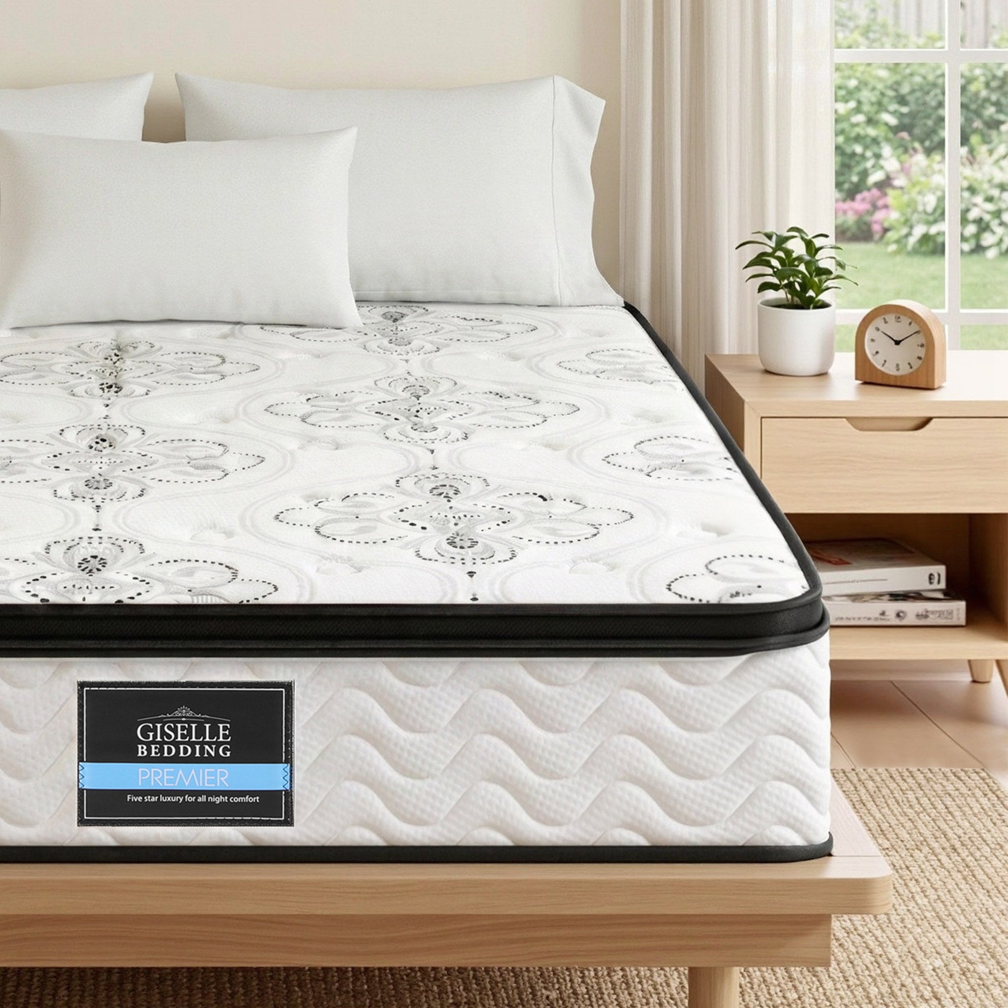 30cm Mattress Pocket Spring Medium Firm Foam Euro Top Double mattress on wooden bed frame with bedside table and decor