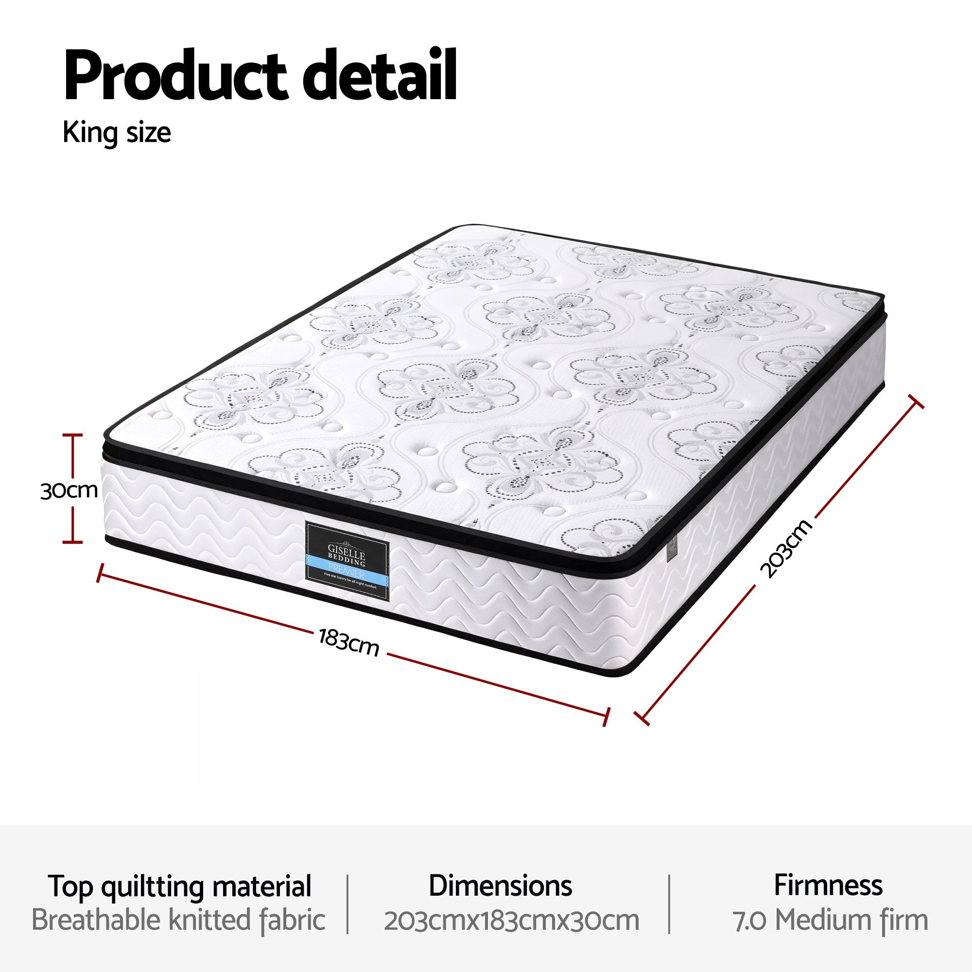 30cm Mattress Pocket Spring Medium Firm Foam Euro Top King mattress with quilted breathable fabric and 7.0 firmness rating