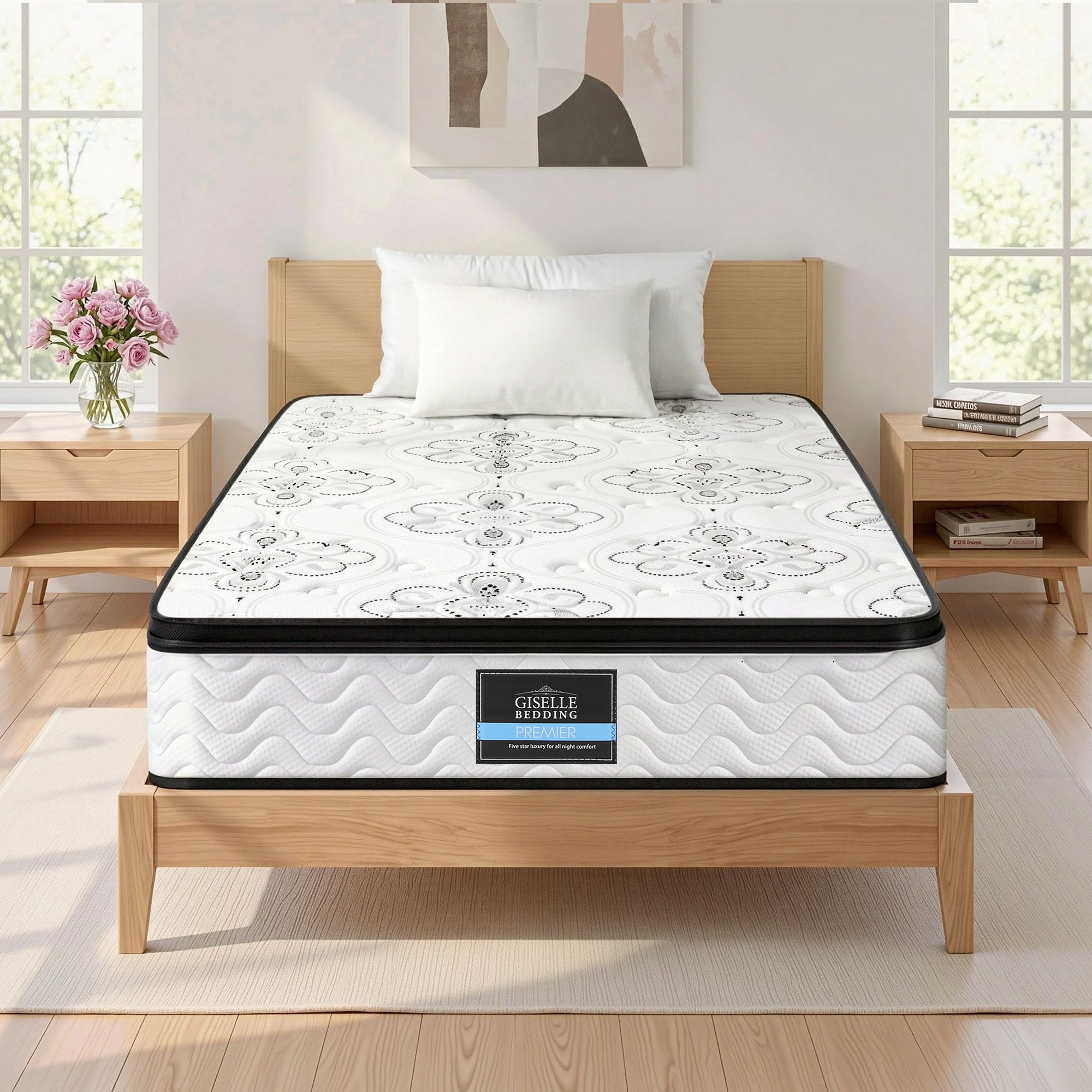 30cm Mattress Pocket Spring Medium Firm Foam Euro Top King Single on wooden bed frame in bright bedroom setting