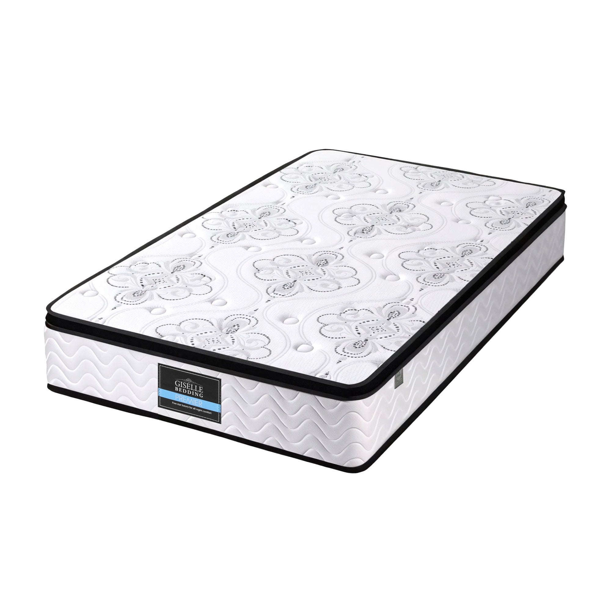 30cm Mattress Pocket Spring Medium Firm Foam Euro Top King Single mattress with floral quilted top and black trim