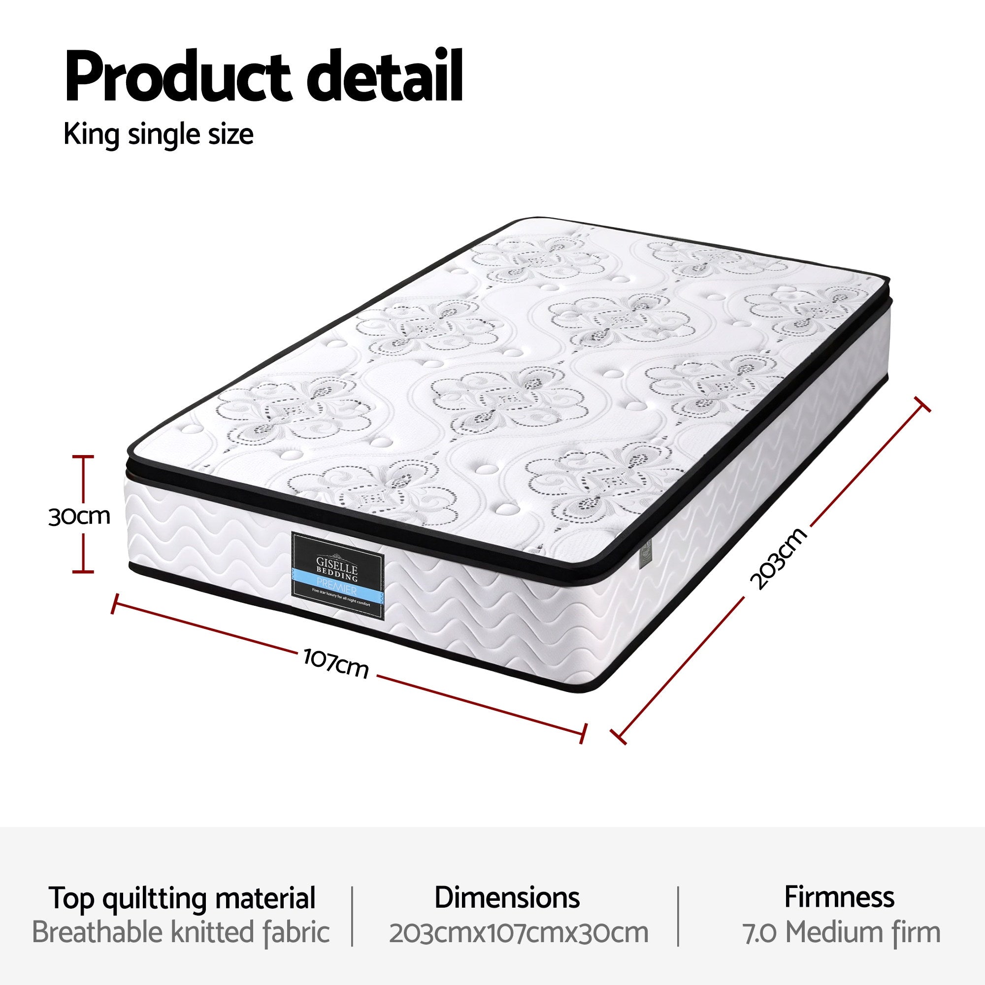 30cm Mattress Pocket Spring Medium Firm Foam Euro Top King Single with breathable quilted fabric and 7.0 firmness rating