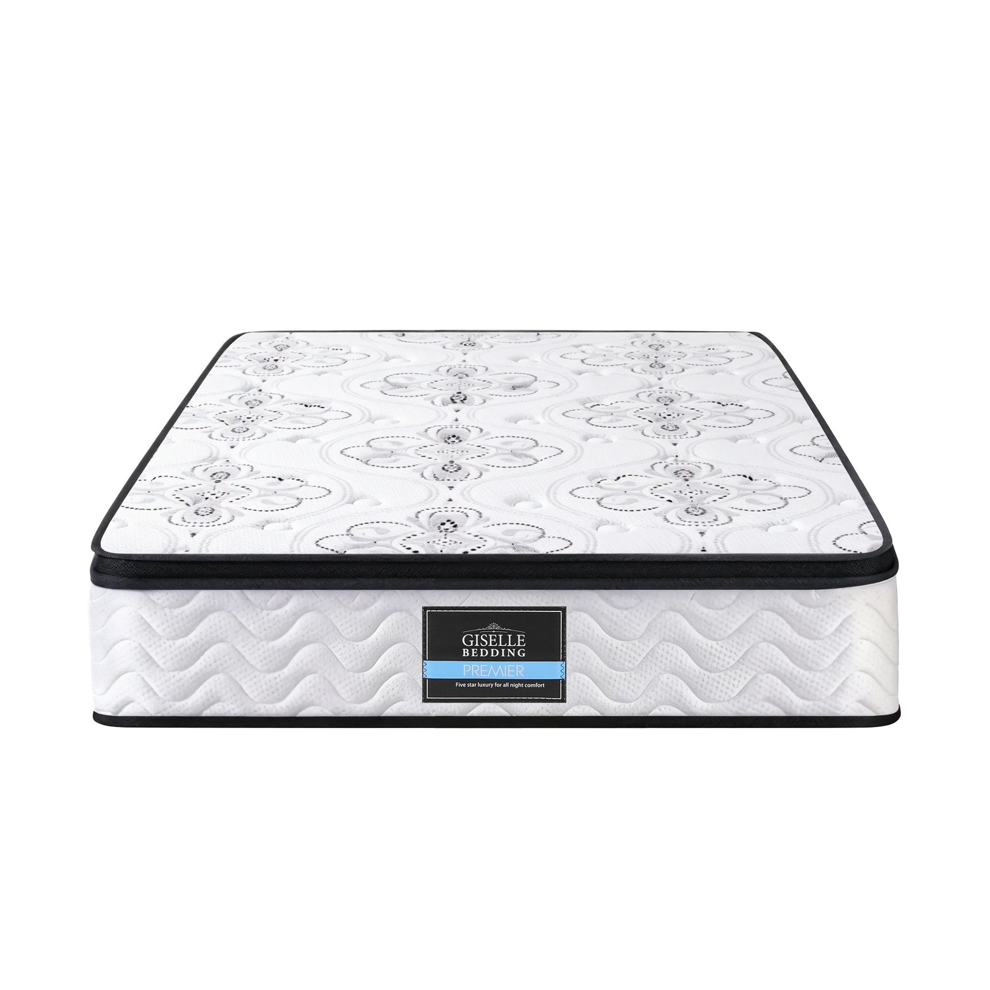 30cm Mattress Pocket Spring Medium Firm Foam Euro Top King Single with white quilted cover and black trim on white background