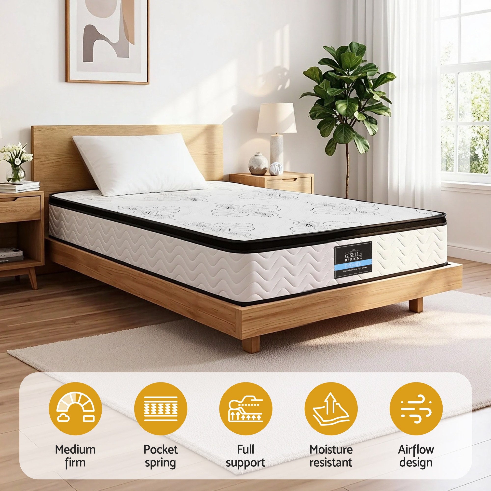30cm Mattress Pocket Spring Medium Firm Foam Euro Top King Single on wooden bed frame in bright bedroom setting