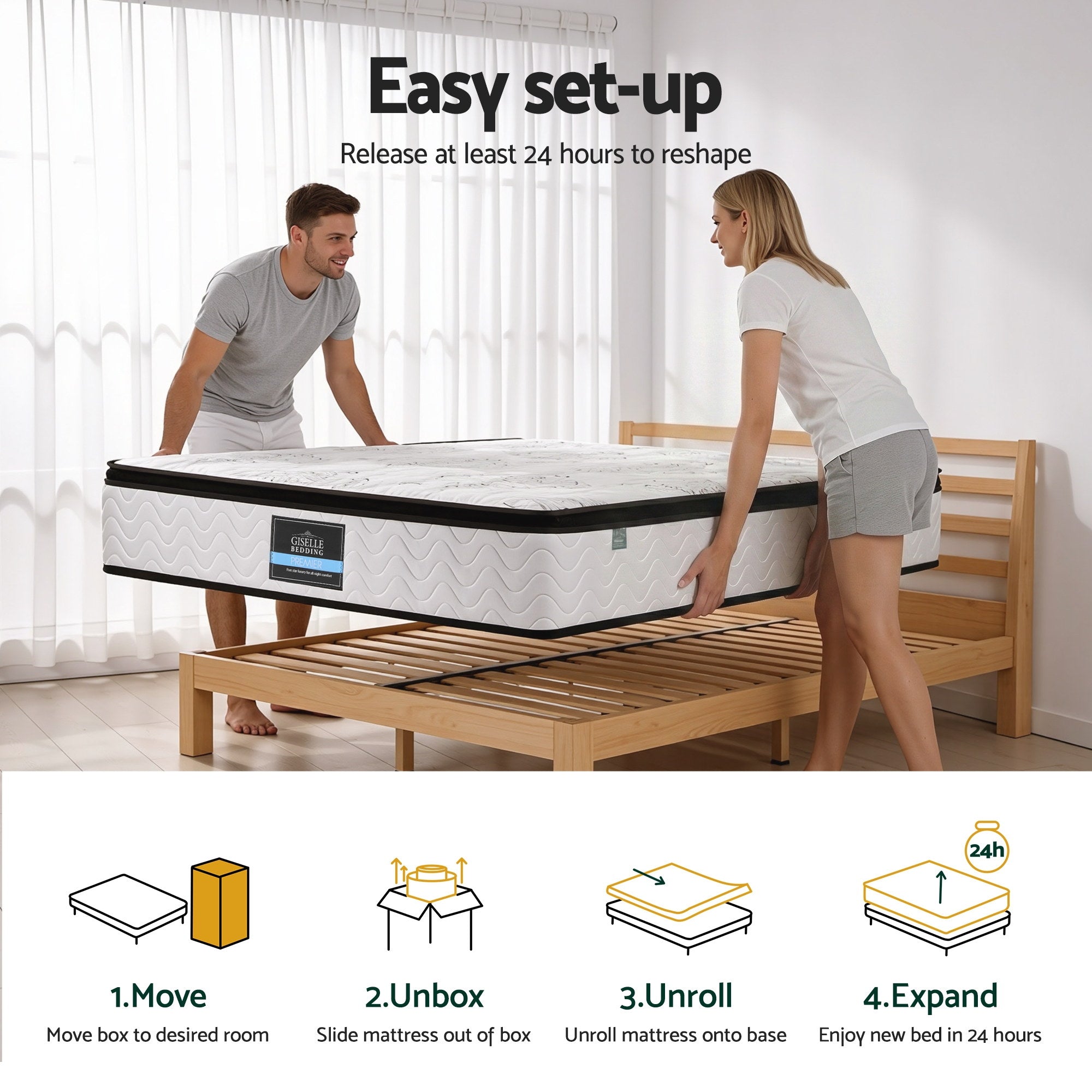 Couple setting up 30cm Mattress Pocket Spring Medium Firm Foam Euro Top King Single on wooden bed frame in bright room