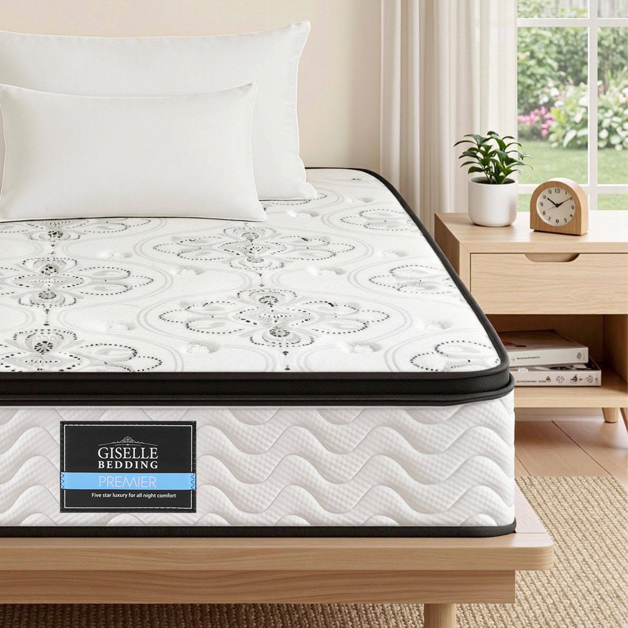 30cm Mattress Pocket Spring Medium Firm Foam Euro Top King Single mattress on wooden bedframe with white pillows and bedside table