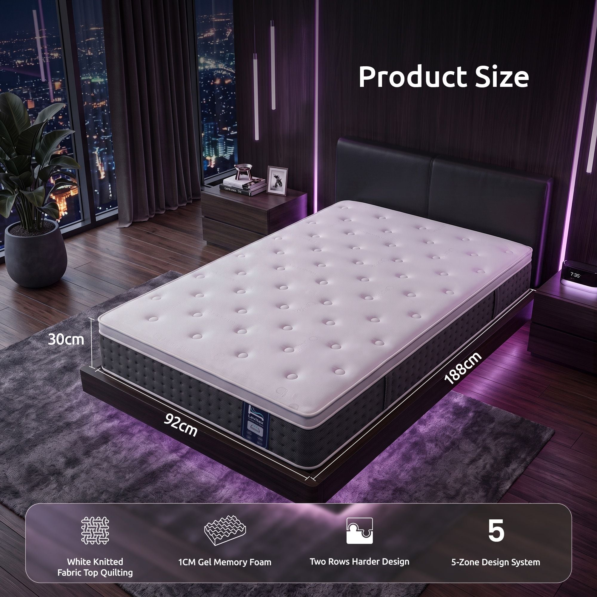 Single 5-Zone Lumbar Support Pocket Spring Mattress 30cm - White
