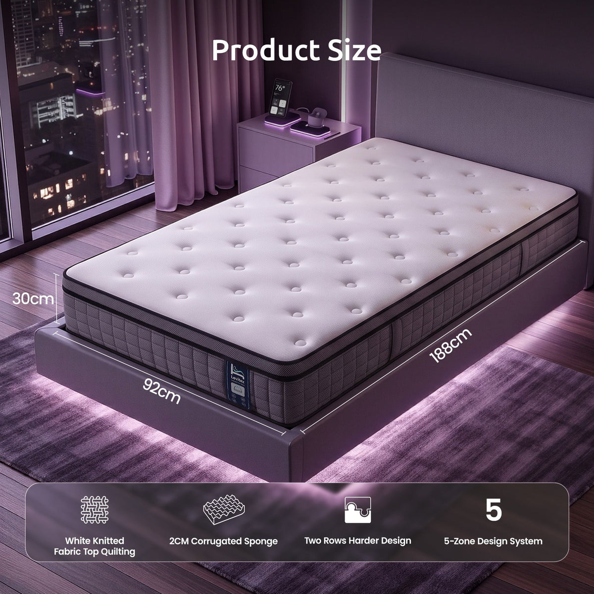 Single 5-Zone Pocket Spring Mattress with 2-Row Edge Support and Breathable Corrugated Sponge 30cm - White