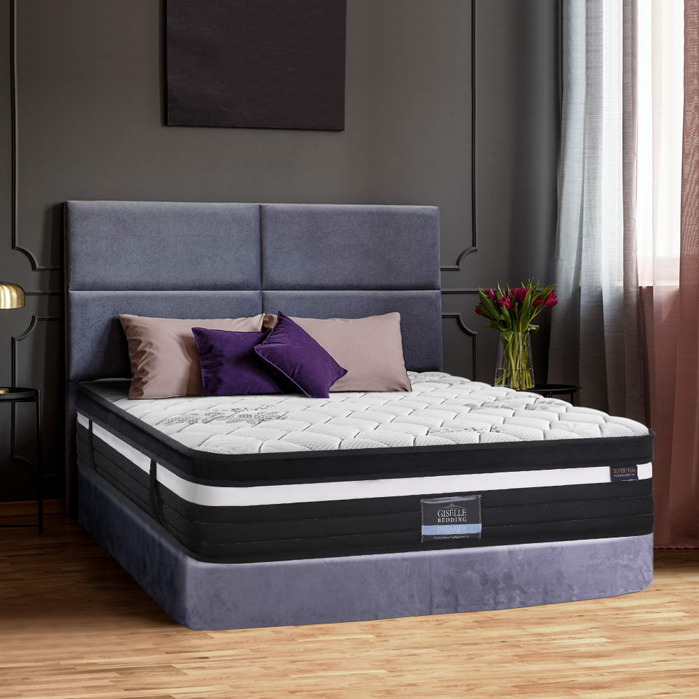 Extra Firm Regine Series Euro Top Mattress 28CM Thick - Double on gray upholstered bed frame with pillows in stylish bedroom setting