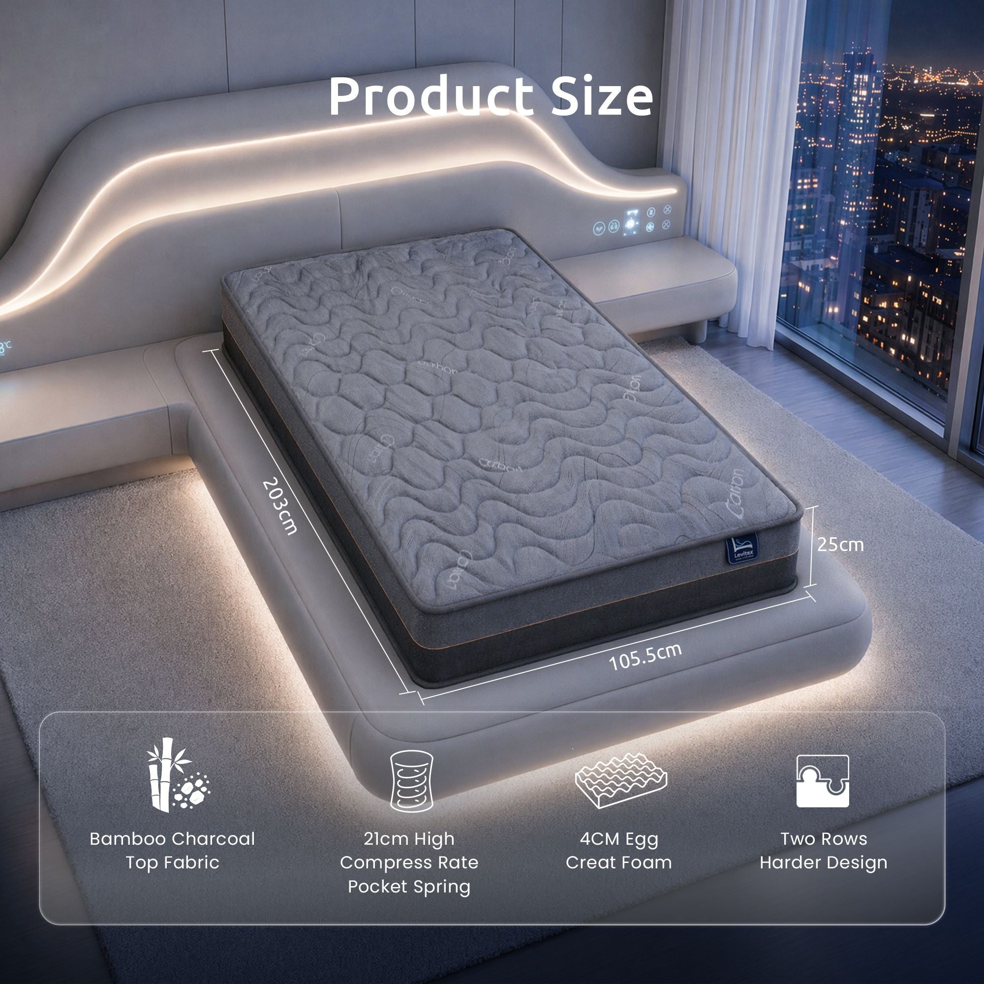 King Single Mattress 25 cm Hybrid Pocket Spring with 4cm Egg Crate Foam for Deep Sleep Bamboo Charcoal Fabric