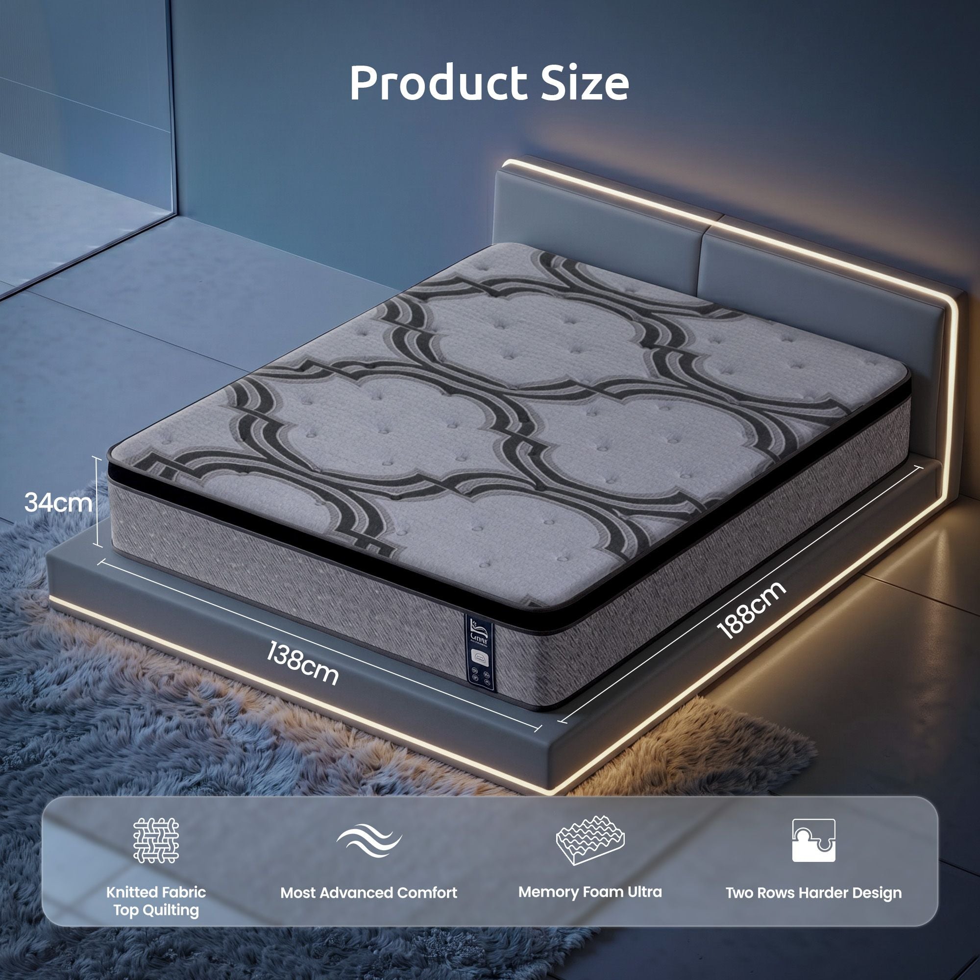 5-Zone Pocket Spring Mattress with Latex & Memory Foam 7.5 Firm Hybrid Mattress for Extra Lumbar & Shoulder Support 34 cm Thickness Double