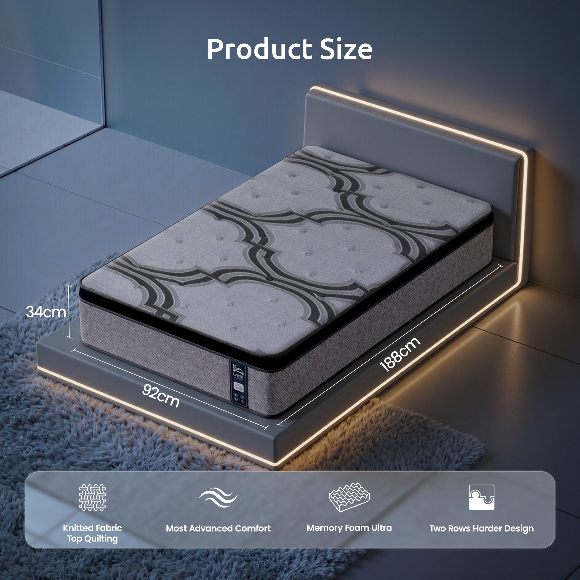 5-Zone Pocket Spring Mattress with Latex & Memory Foam 7.5 Firm Hybrid Mattress for Extra Lumbar & Shoulder Support 34 cm Thickness Single