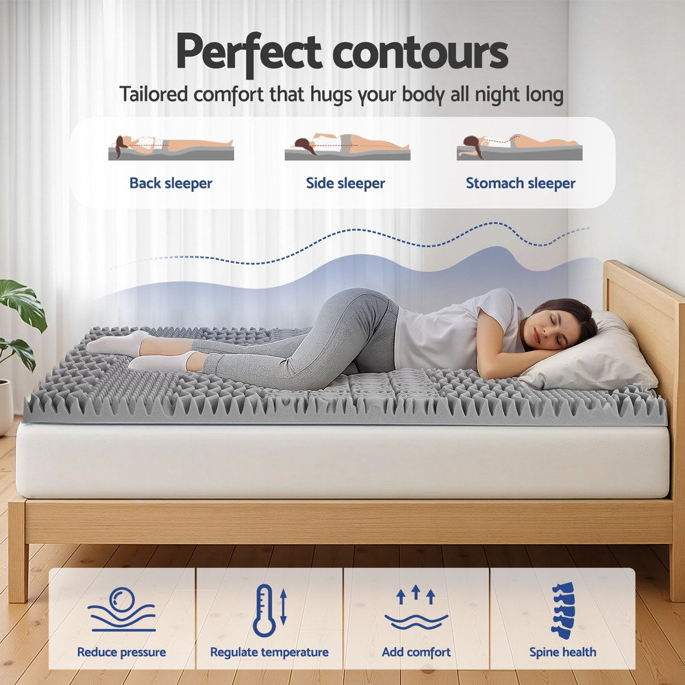 8cm Memory Foam Mattress Topper 7-Zone Graphite Queen on wooden bed frame showing pressure relief and spine support features