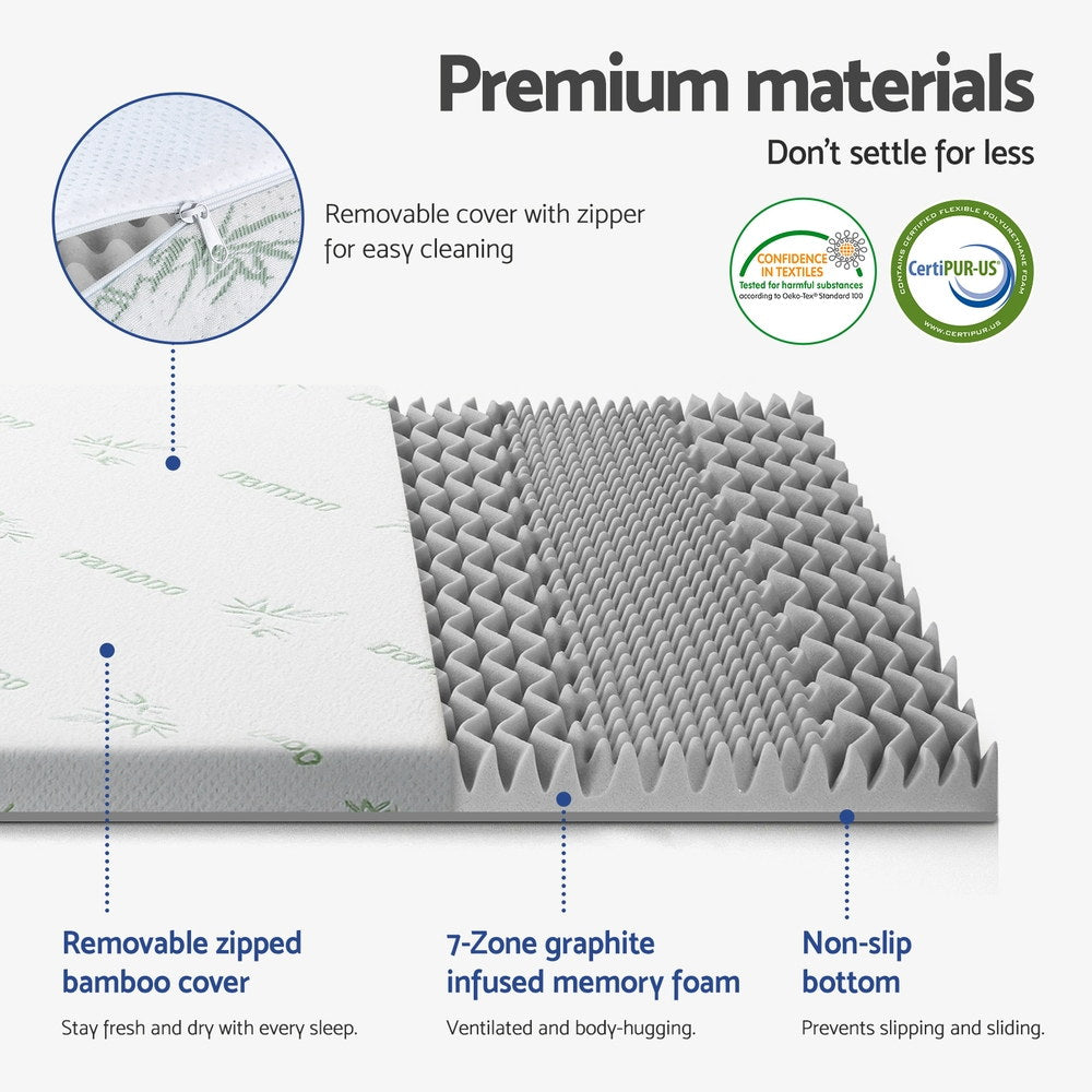 8cm Memory Foam Mattress Topper 7-Zone Graphite Queen with removable bamboo cover and non-slip bottom features premium ventilated memory foam design