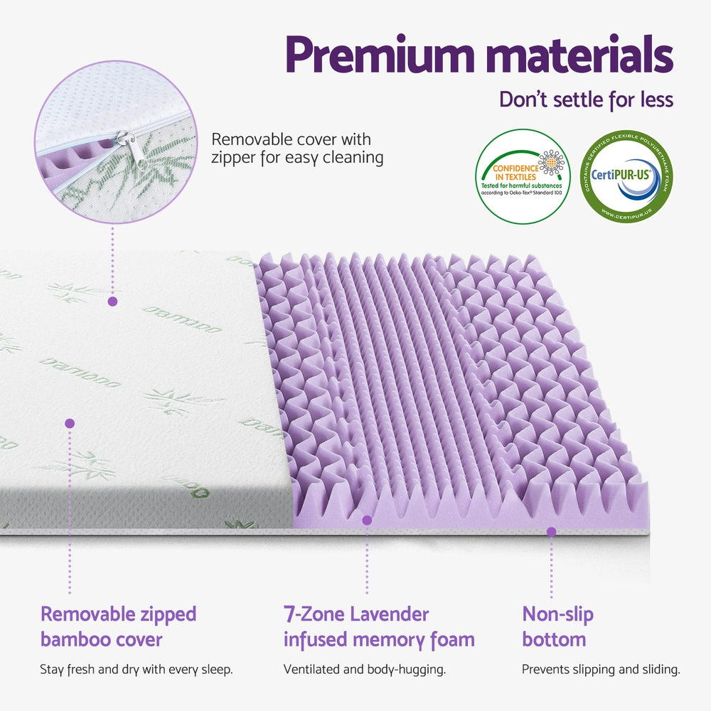 8cm Memory Foam Mattress Topper Lavender Infused Bamboo Cover 7-Zone Queen with removable bamboo cover and non-slip bottom