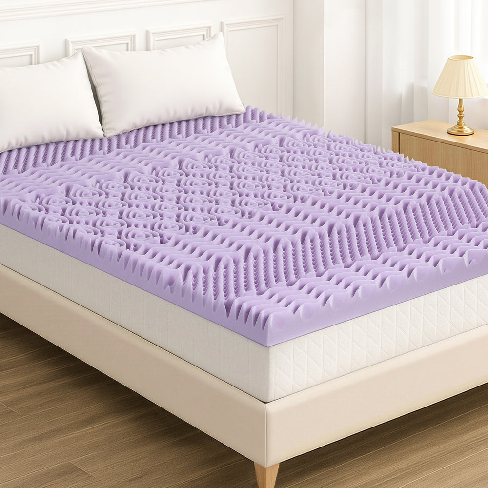 8cm Memory Foam Mattress Topper Lavender Infused Bamboo Cover 7-Zone Queen on bed with white pillows and wooden flooring