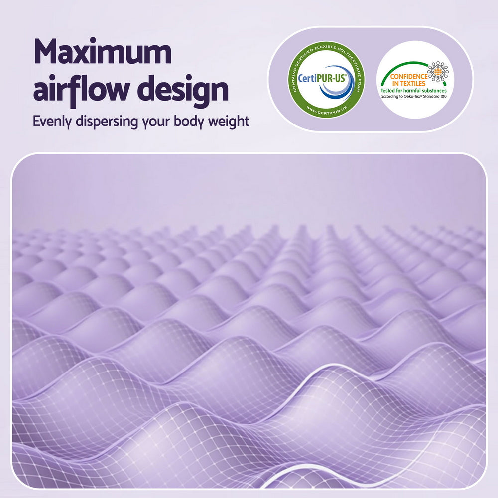 Close-up of 5cm Memory Foam Mattress Topper Lavender Infused Egg Crate Pad Mat Queen showing purple egg crate texture and airflow design