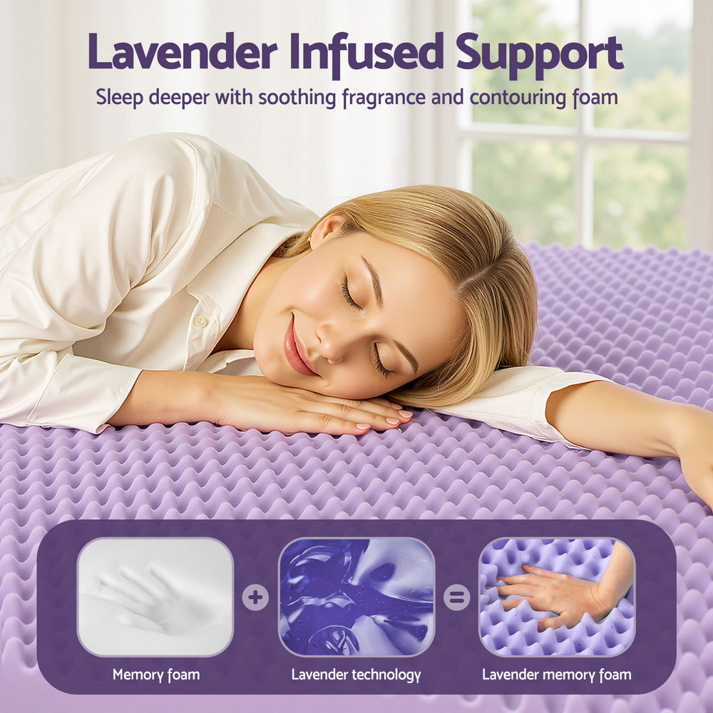 Woman resting on 5cm Memory Foam Mattress Topper Lavender Infused Egg Crate Pad Mat Queen with textured surface in a bedroom setting