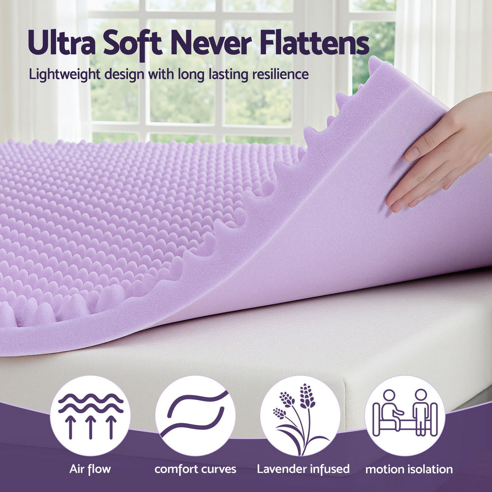 5cm Memory Foam Mattress Topper Lavender Infused Egg Crate Pad Mat Queen with breathable, resilient egg crate design in lavender color