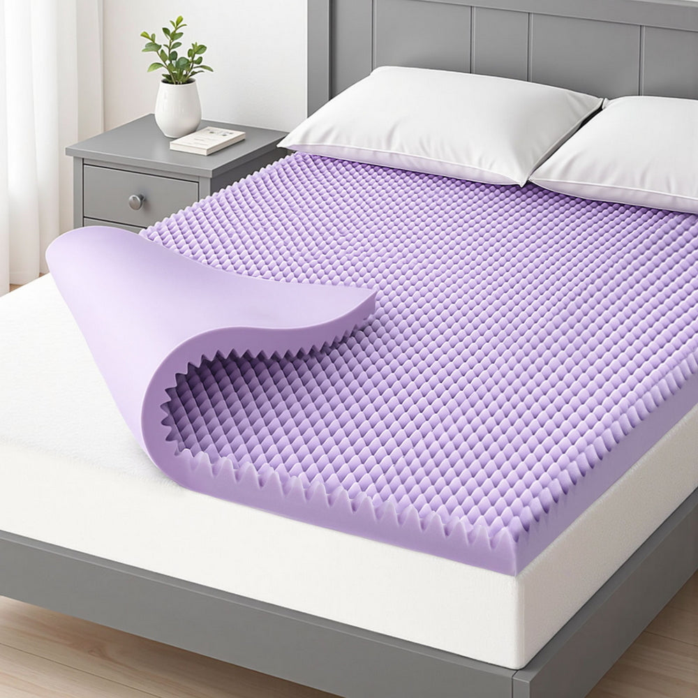 5cm Memory Foam Mattress Topper Lavender Infused Egg Crate Pad Mat Queen on bed with gray frame and white pillows