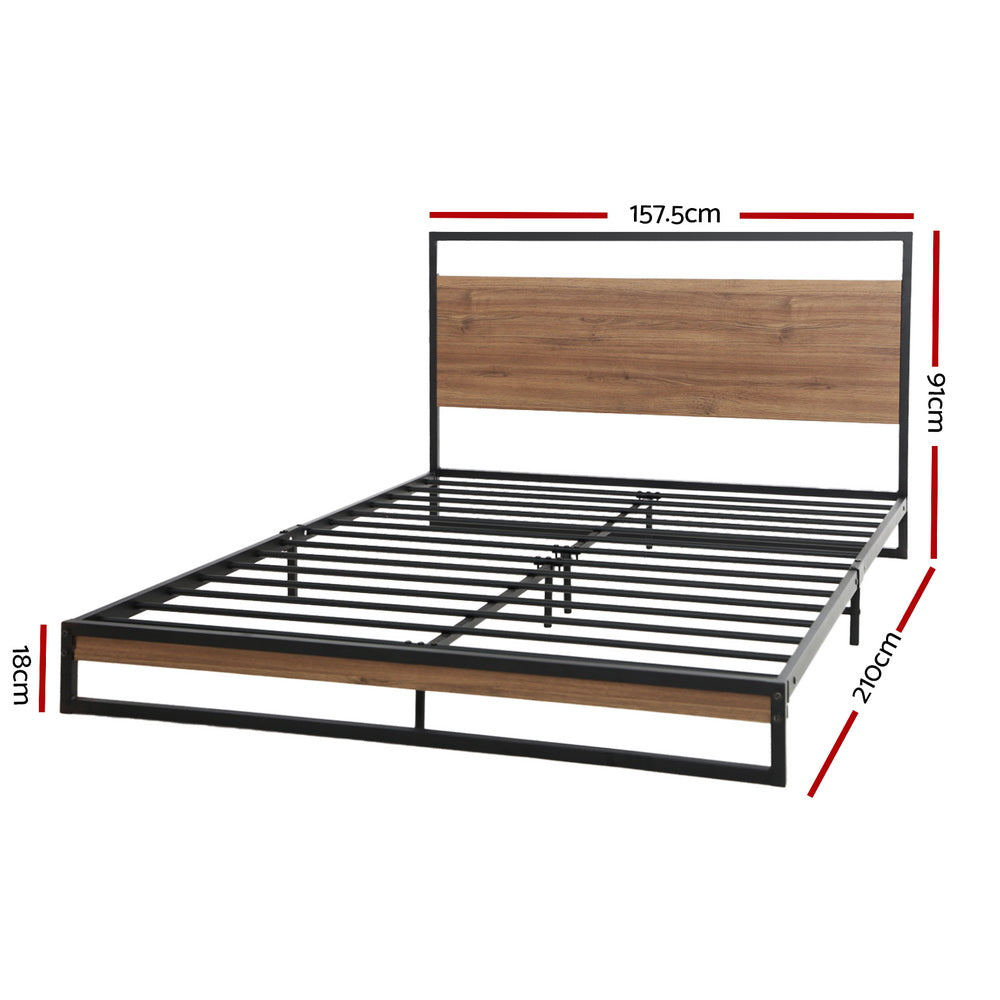 Stockton Metal Queen Bed Frame with black steel frame, wooden headboard and footboard, shown with dimensions on white background