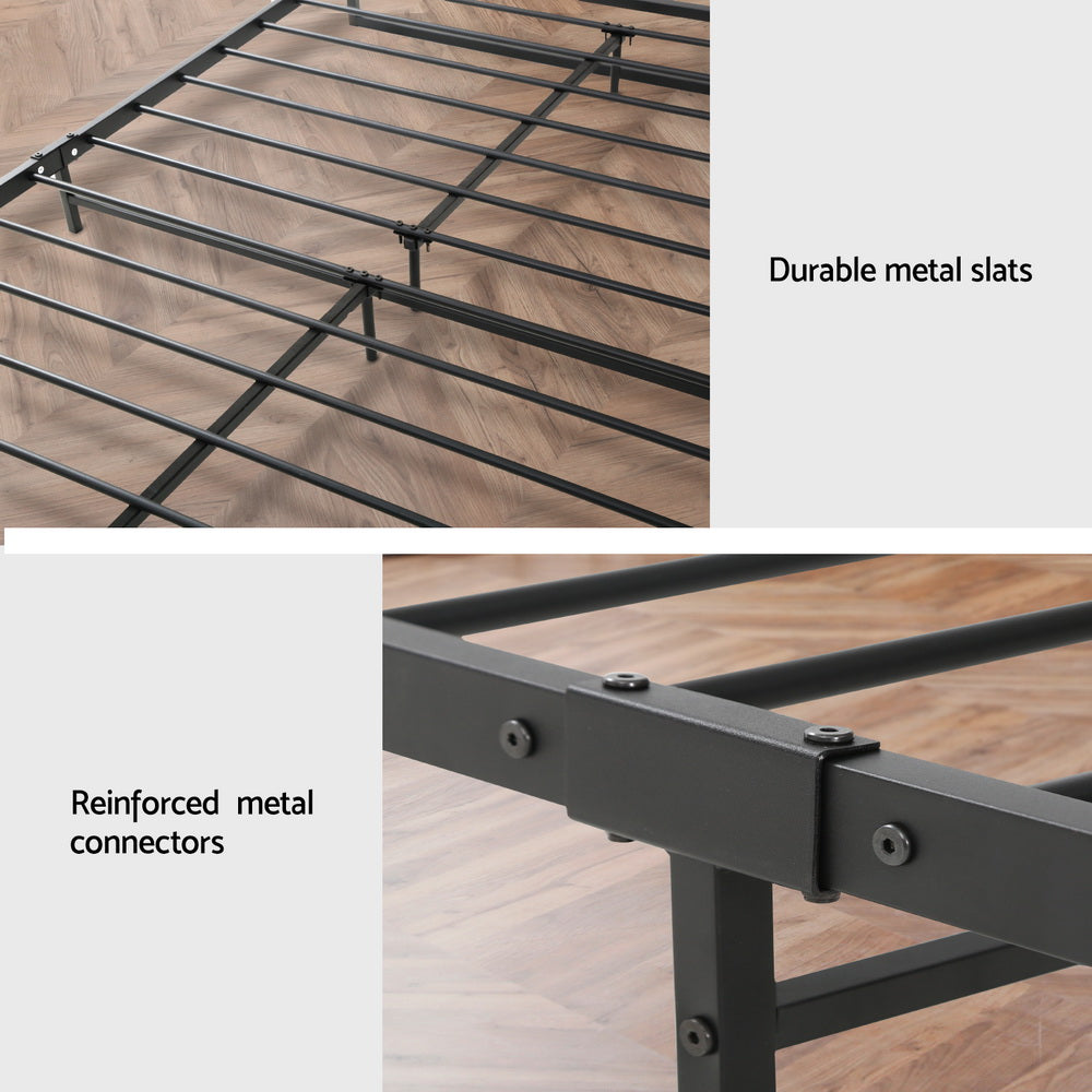Close-up of durable metal slats and reinforced connectors on the Stockton Metal Queen Bed Frame in black finish