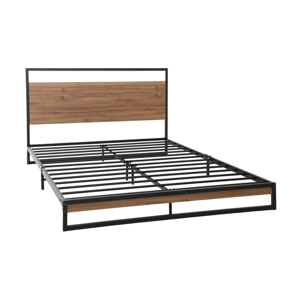 Stockton Metal Queen Bed Frame with black metal frame and wood panel headboard, sturdy slatted base for bedroom furniture